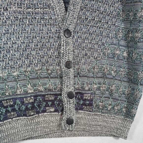 Vintage 80s Graphic Knit Deep V Cardigan Sweater, Large - Sweater Graphix - Picture 3 of 10